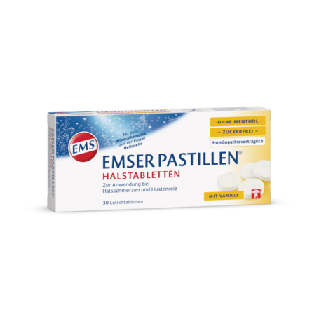 Emser Pastillen ohne Menthol, zuckerfrei in zugehöriger Verpackung